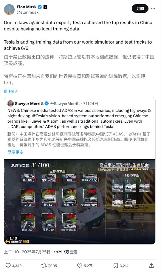 马斯克:特斯拉在中国测试第一!懂车帝:没有排名 image 1